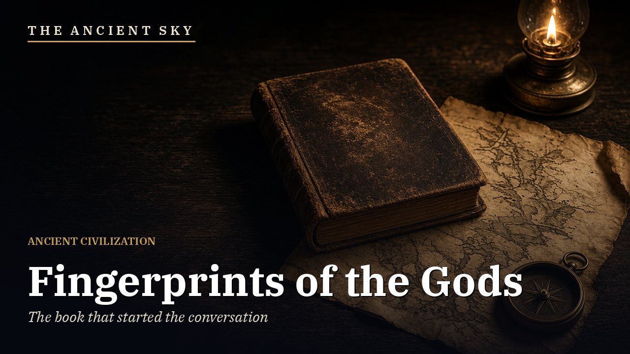 The Ancient Sky: Fingerprints of the Gods. A closed old book, an antique map and a brass compass by lamplight (AI-generated illustration).