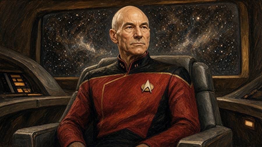 Oil-painting-style illustration of Captain Jean-Luc Picard on the bridge of the Enterprise