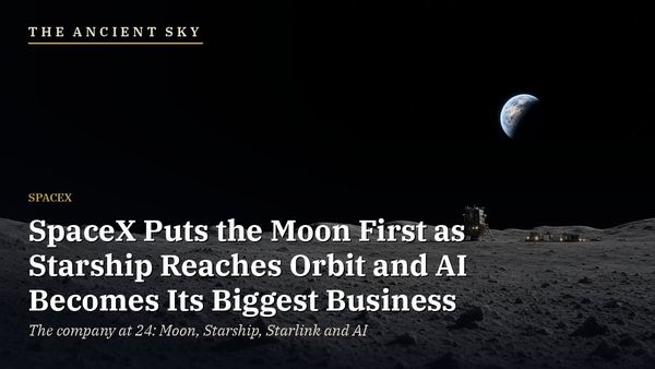 The Ancient Sky: SpaceX company overview. A distant lander and base lights on the gray Moon under a black sky with Earth rising (AI-generated illustration).