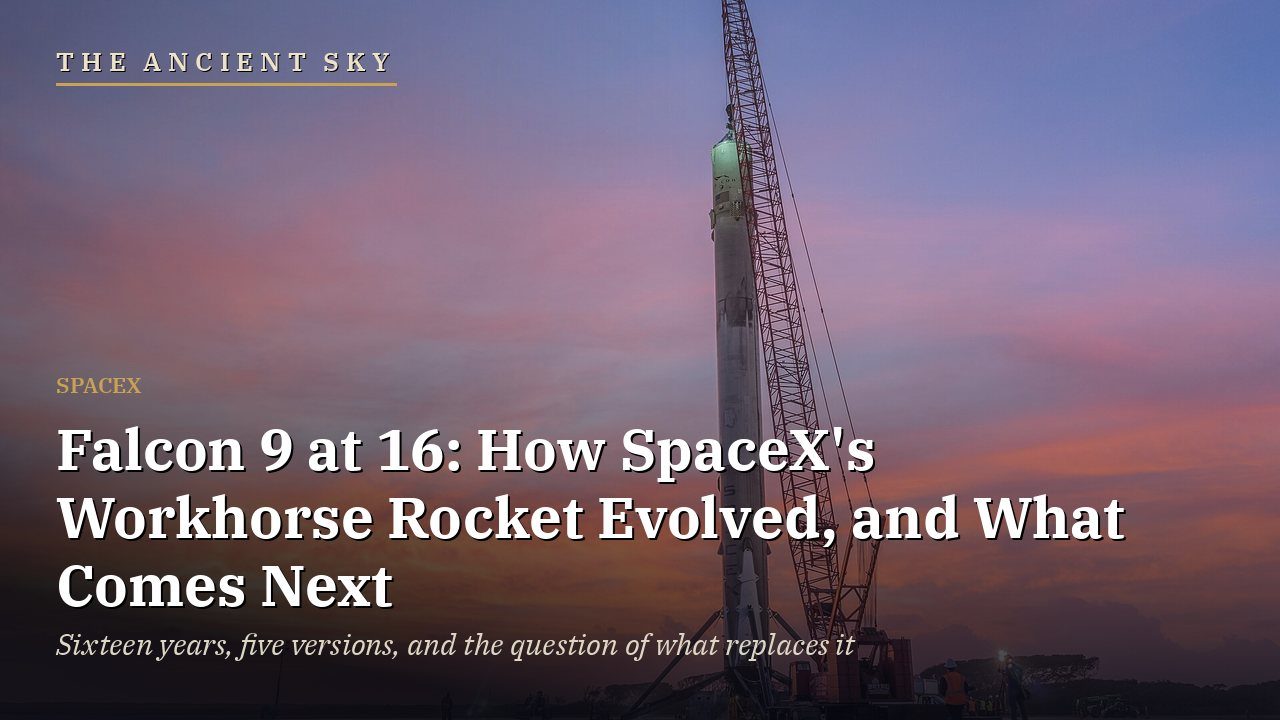 The Ancient Sky: Falcon 9 at 16. A Falcon 9 first stage stands upright on Landing Zone 1 under a pink sunset sky.