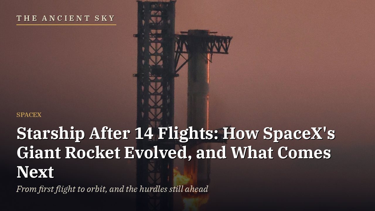 The Ancient Sky: Starship after 14 flights. The launch tower catching a Super Heavy booster under an orange sky during Flight 5.