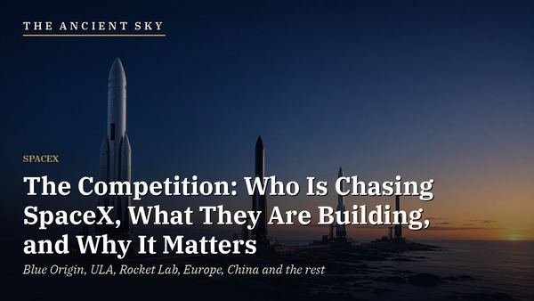The Ancient Sky: The competition. Four different rockets stand on separate coastal launch pads at dusk (AI-generated illustration).