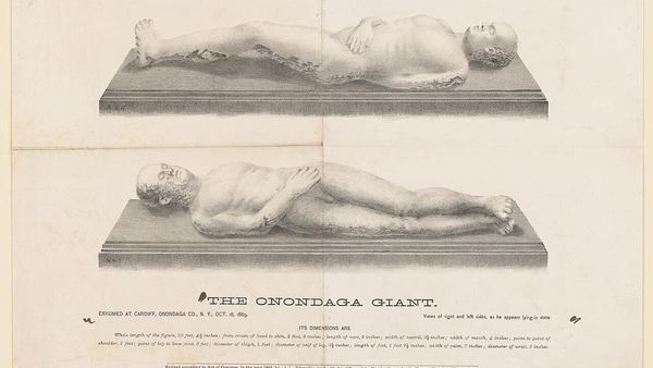 Nineteenth-century print of the Cardiff Giant, a stone figure lying on a plinth, shown from two sides, with its dimensions printed below.