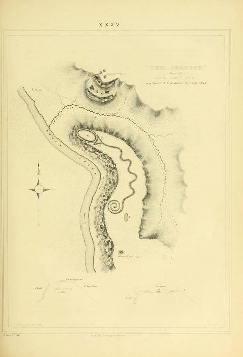 Engraved plan of the Great Serpent Mound in Ohio.