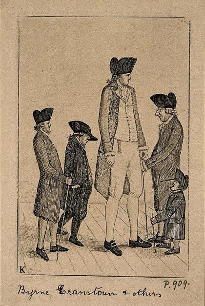 Old etching showing a very tall man standing with several other people.