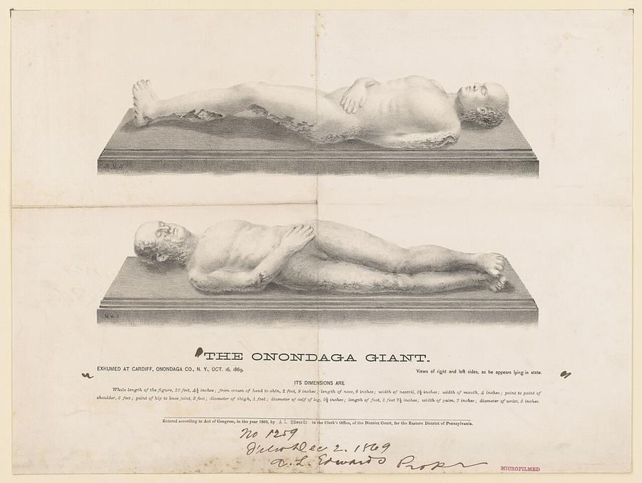 Nineteenth-century print of the Cardiff Giant, a stone figure lying on a plinth, shown from two sides, with its dimensions printed below.