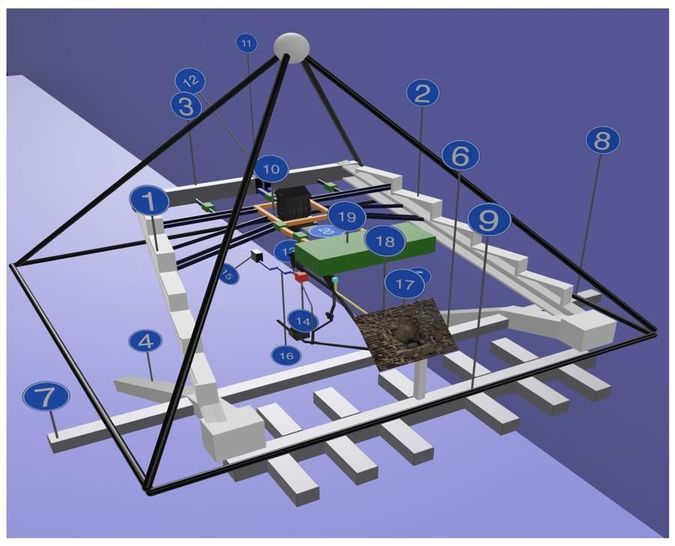 A computer-rendered three-dimensional reconstruction of rooms and passages inside the Great Pyramid, from the retracted 2022 paper.