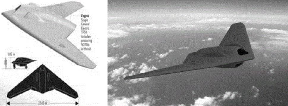 Two views from a recognition manual: a gray drawing and a gray-toned illustration of a tailless swept-wing unmanned aircraft, with a scale bar and a black silhouette.