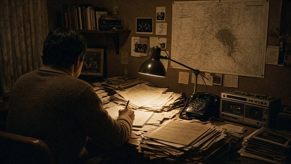 A man in a cardigan sits at a lamp-lit desk piled with clippings and folders, with a rotary phone, tape recorder and a map on the wall.