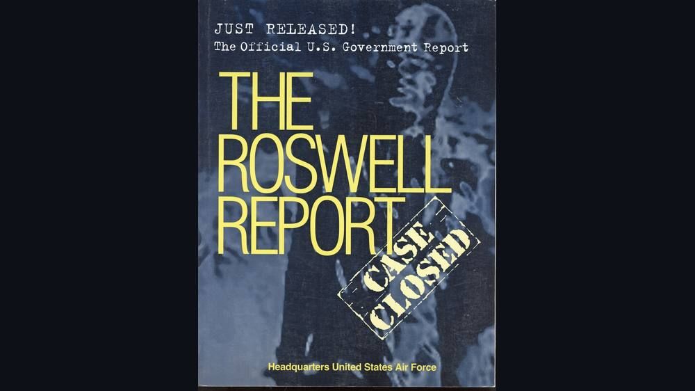 Cover of a U.S. Air Force report titled The Roswell Report, Case Closed, with a stamp and a shadowed portrait.